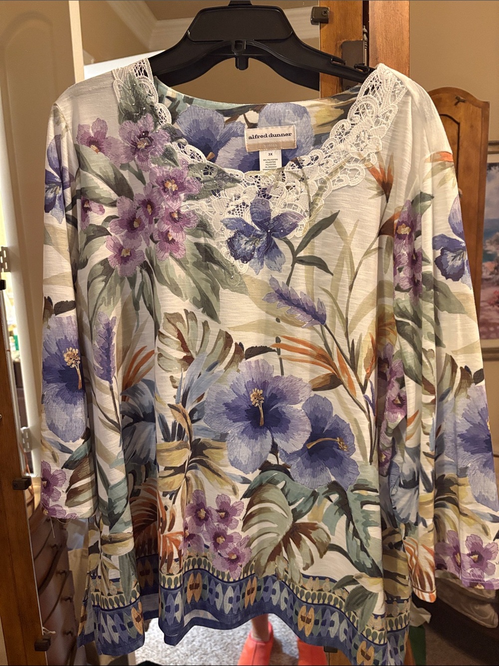 Alfred Dunner Cream Floral Lace-Trim Tunic with Blue & Purple Blooms